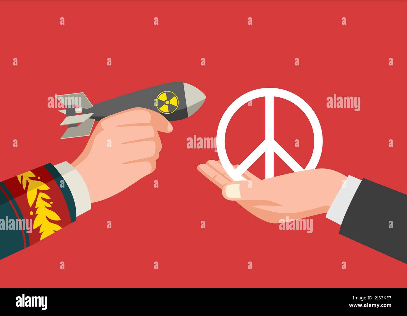 Abbildung einer Männerhand in Militäruniform, die eine Atombombe und eine Hand mit einem Friedenssymbol, Opfergabe, Krieg und Friedenssymbol hält Stock Vektor