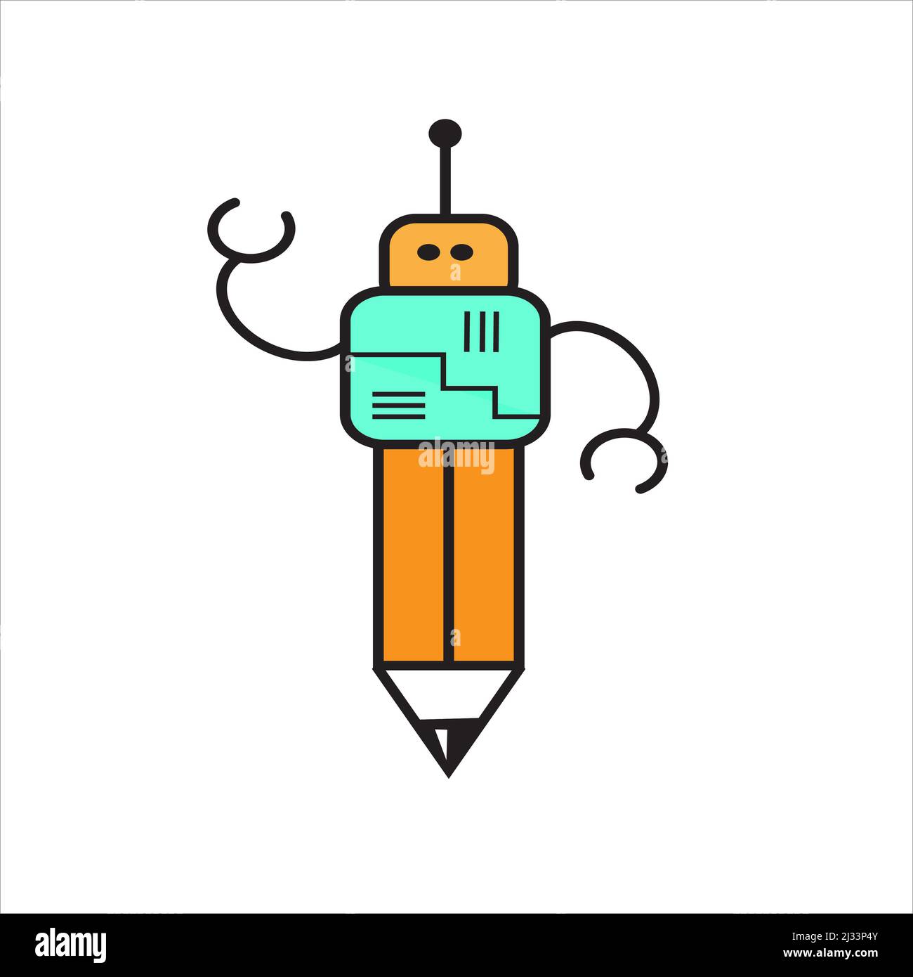 Cartoon-Roboter niedlichen Charakter Bleistift Grafik Illustration auf weißem Hintergrund. Geeignet für das Kopieren schreiben, Blogging, Übersetzer-Tool oder Dienstleistungen, etc. Stockfoto