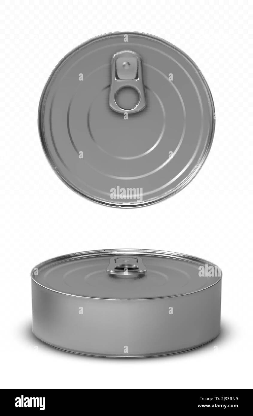 Zinn kann Fisch oder Tierfutter Mockup mit Pull Ring oben und Vorderansicht. Rundglas aus Dosen mit geschlossenem Deckel, Aluminiumkonservierbehälter auf Whi isoliert Stock Vektor