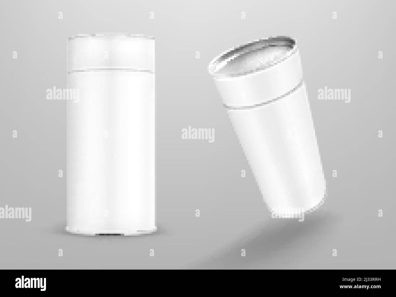 Weißes Papierrohr, Karton-Zylinderbox isoliert auf grauem Hintergrund. Vector realistische Mockup von Karton runden Behälter, leere Paket Tubus für Lebensmittel Stock Vektor