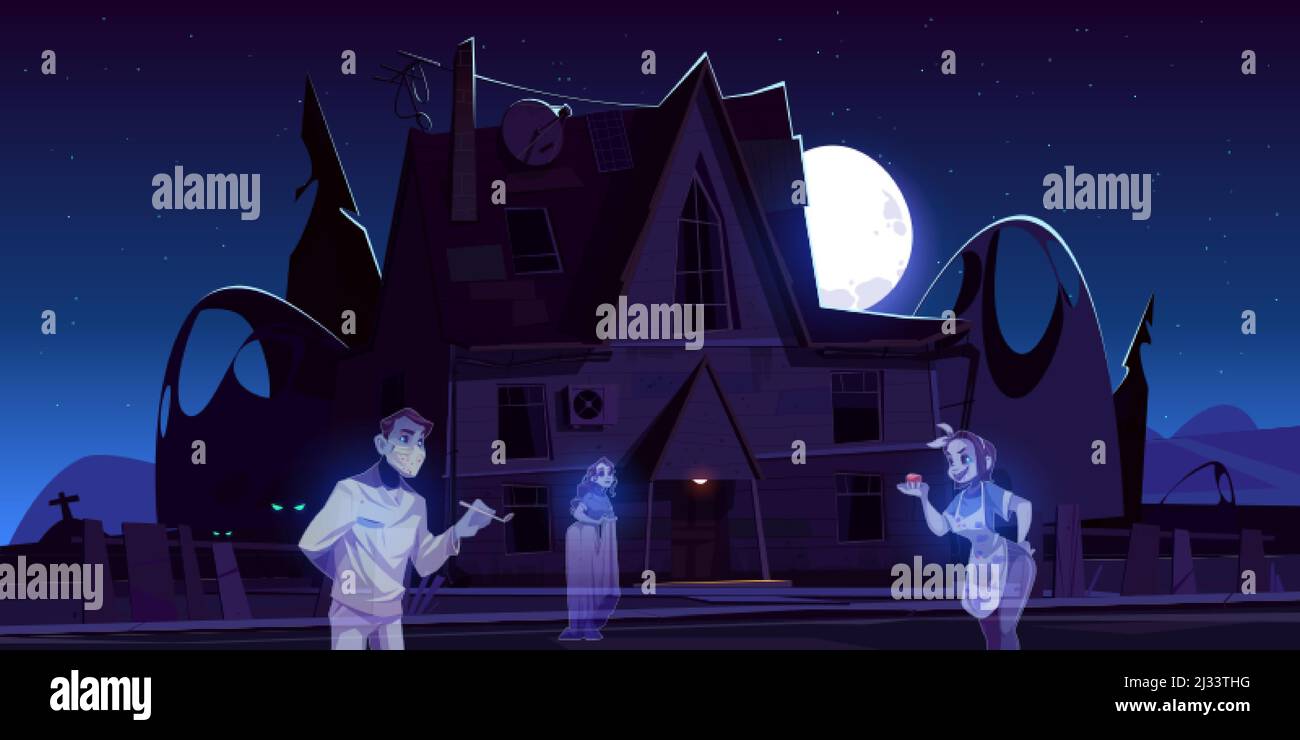 Gruseliges altes Haus mit Geistern und Friedhof in der Nacht. Vektorgrafik Cartoon-Landschaft mit gruseligen verwunschenen Herrenhaus, Gräber und Seelen von toten Mann Zahnarzt und wome Stock Vektor