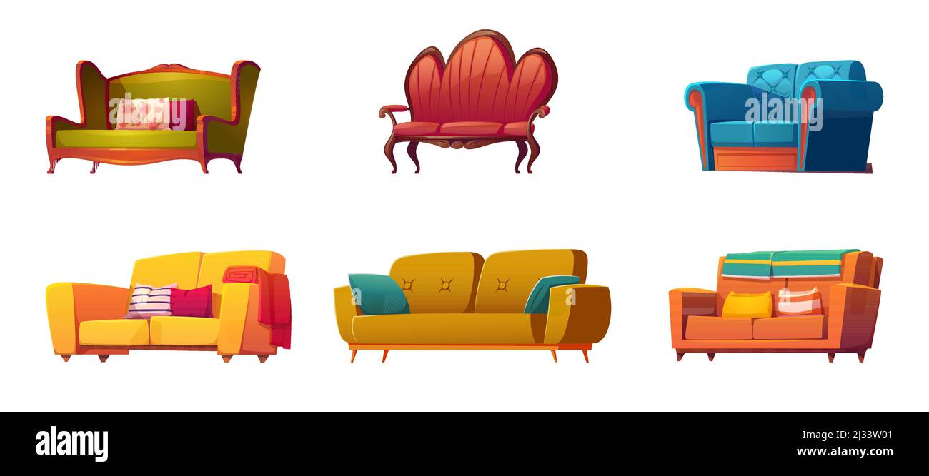 Cartoon Sofas und Sofas Möbel isoliert gesetzt. Klassisches und modernes Design aus Leder, Stoff, geknöpfte gesteppte Polsterung mit Kissen, Interio Stock Vektor