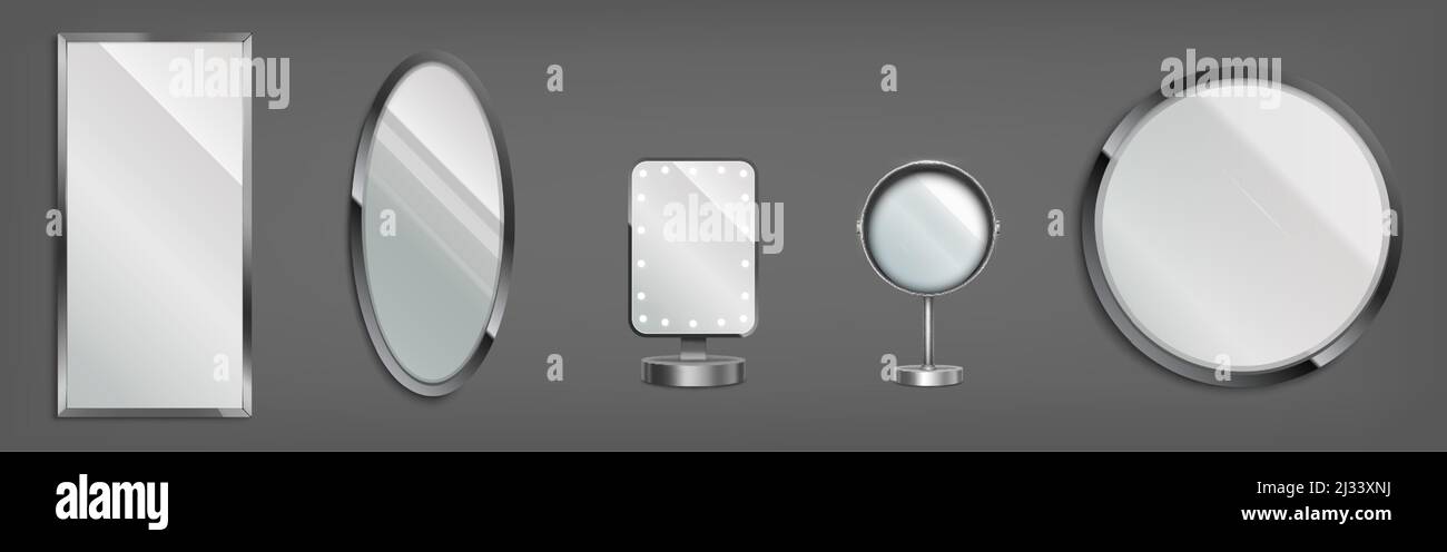 3D Spiegel, Schminktisch- und Wanddekorgläser in runden, ovalen und rechteckigen Rahmen. Make-up- oder Innenmöbel, die Glasoberflächen reflektieren. R Stock Vektor