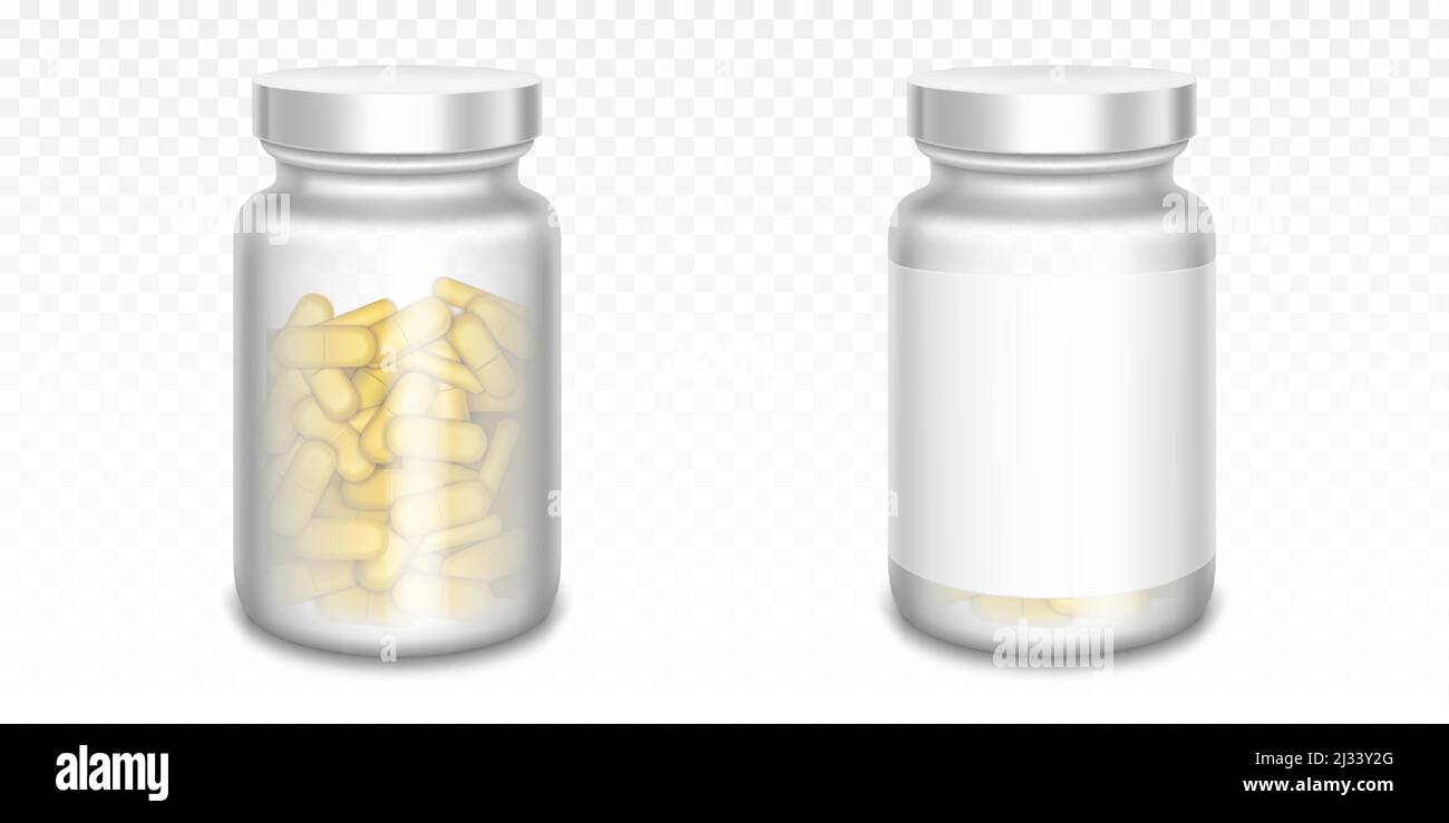 Medikamentenflaschen mit gelben Pillen isoliert auf transparentem Hintergrund. Vector realistische Mockup von Glas oder Kunststoff transparenten Behälter mit blank la Stock Vektor