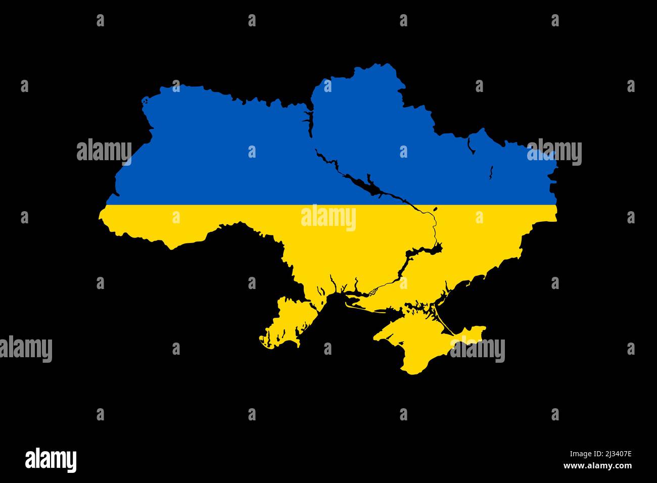 Karte der Ukraine in den Farben der Nationalflagge. Mit dem Vorhandensein von Flüssen und Stauseen im Land. Flacher, minimalistischer Style. Stock Vektor