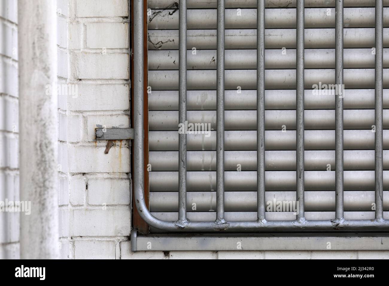 Fensterraster auf einem Außenfenster Stockfoto