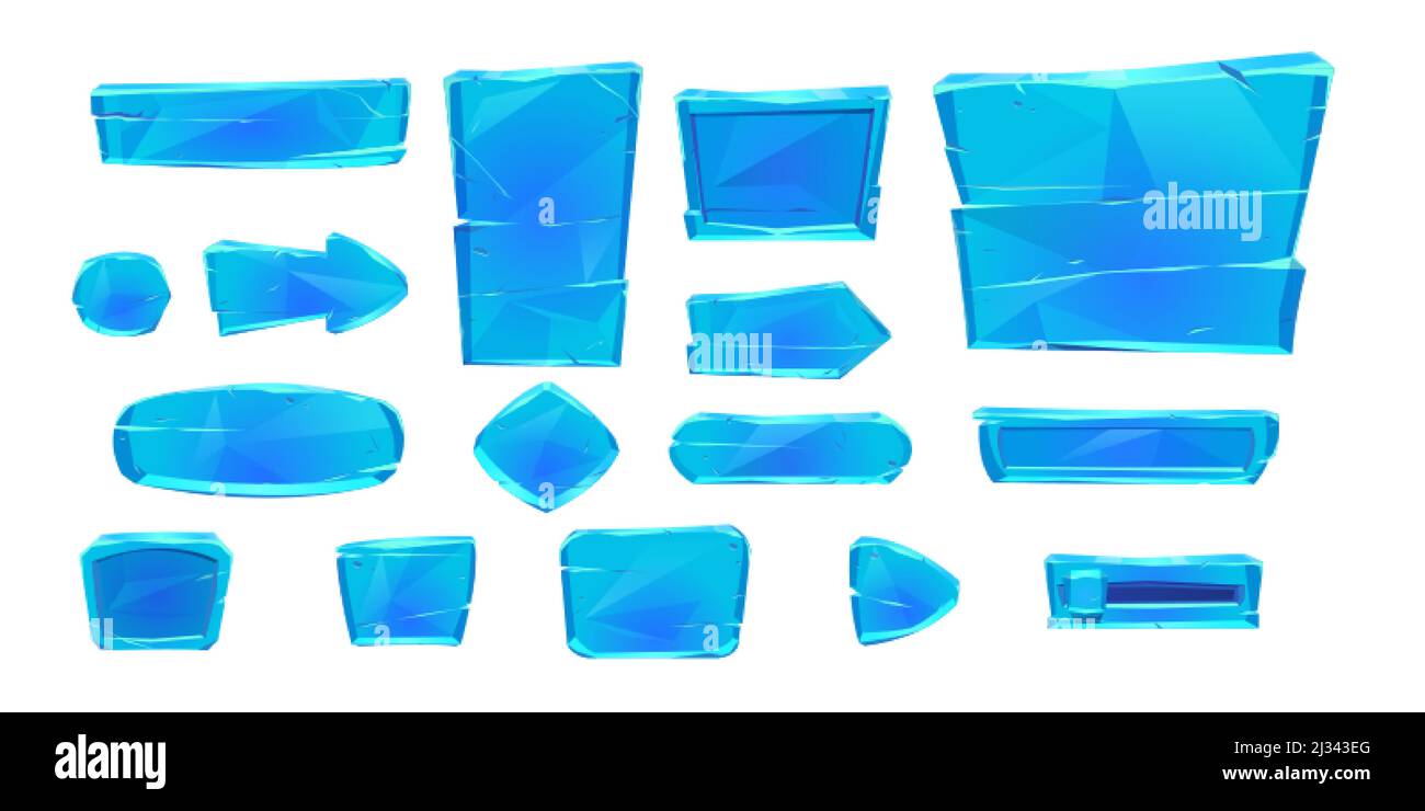 Ice-Spiel-Tasten, Cartoon-Menü-Schnittstelle von vereisten texturierten Blöcken, ui gui Grafik-Design-Elemente. Eingefrorener blauer Schieberegler, Pfeil und Tasten für das Bedienfeld i Stock Vektor