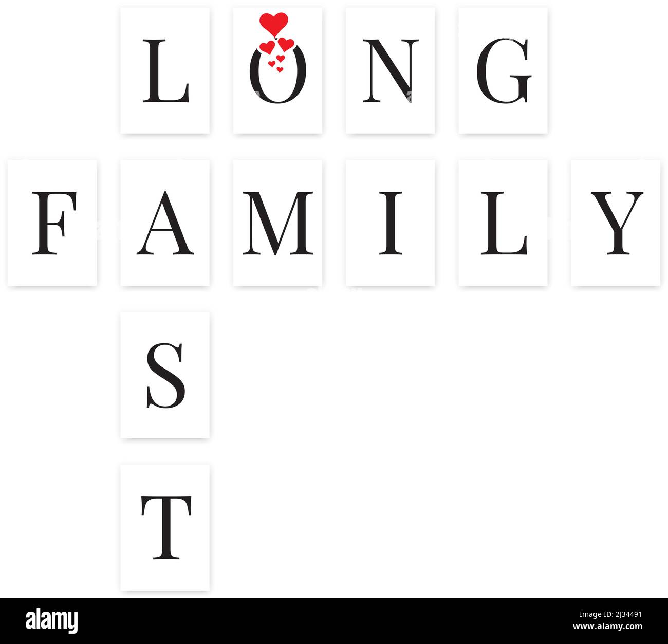 Lange letzte Familie. Scrabble Words Wandkunst, A4. Skandinavisches minimalistisches Poster-Design, Vektor. Bedruckbare Wandkunst Stock Vektor