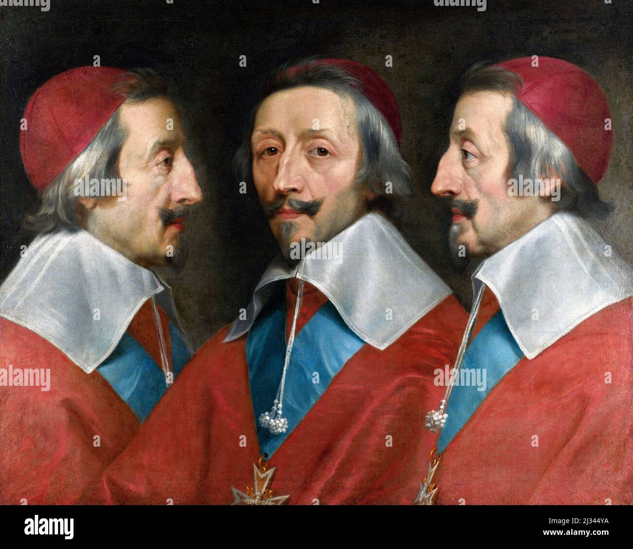 Armand Jean du Plessis, Kardinalherzog von Richelieu und von Fronsac (1585-1642), allgemein als Kardinal Richelieu bezeichnet, war ein französischer Geistlicher, Adliger und Staatsmann und Chief Minister von König Ludwig XIII. Dreifaches Porträt des Kardinals von Richelieu von Philippe de Champaigne, Öl auf Leinwand, um 1642 Stockfoto