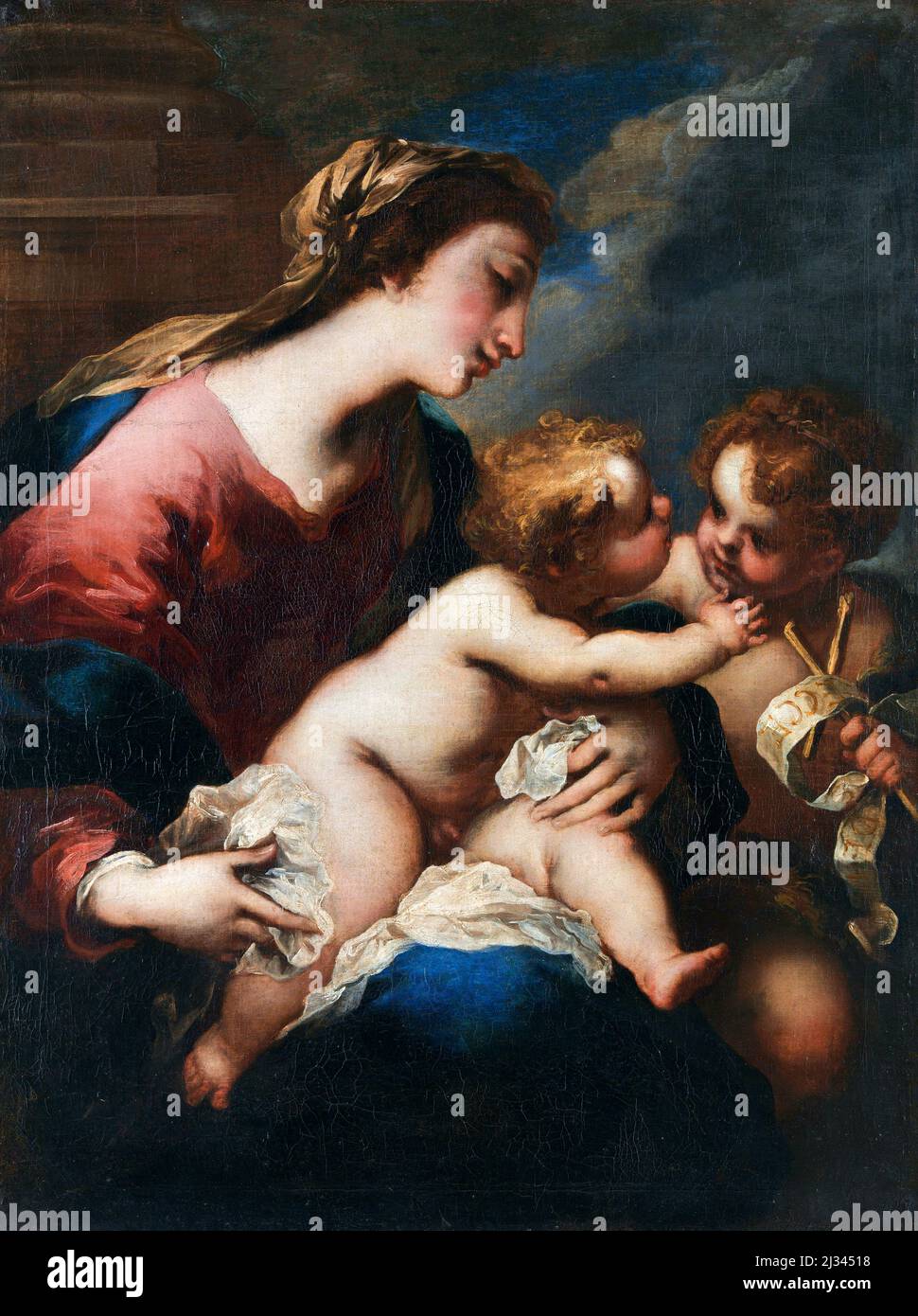 Die Jungfrau und das Kind mit dem heiligen Johannes dem Täufer des italienischen Barockkünstlers, Valerio Castello (1624-1659), Öl auf Leinwand, 1650 Stockfoto