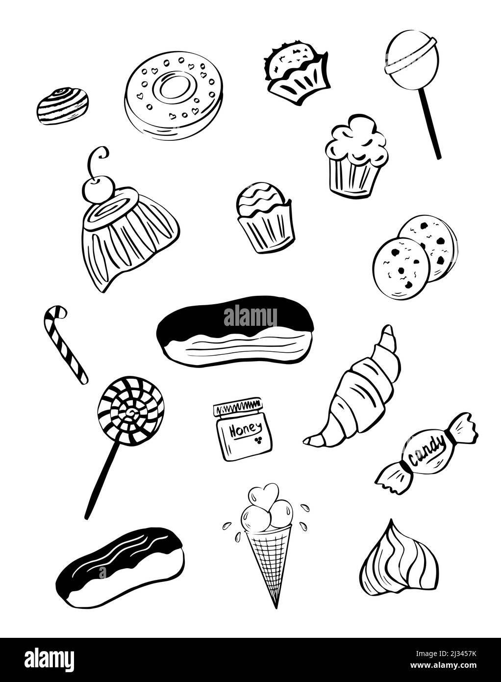 Set von Süßigkeiten. Süßes Gebäck: Muffins und Kuchen, Croissants und Zimtbons. Leckere Bonbons und Lutscher. Vetor, Illustration. Stock Vektor
