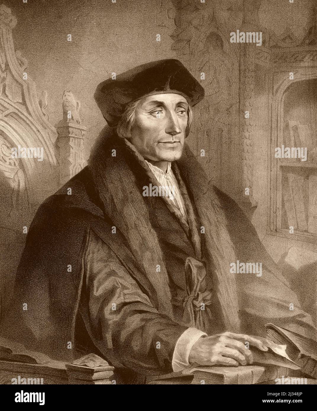 Portrait of Erasmus of Rotterdam, in Latin Desiderius Erasmus Roterodamus (Rotterdam, 27. Oder 28. Oktober 1466 oder 1469 - Basel, 12. Juli 1536), war ein niederländischer Theologe, Humanist, Philosoph und Essayist Stockfoto