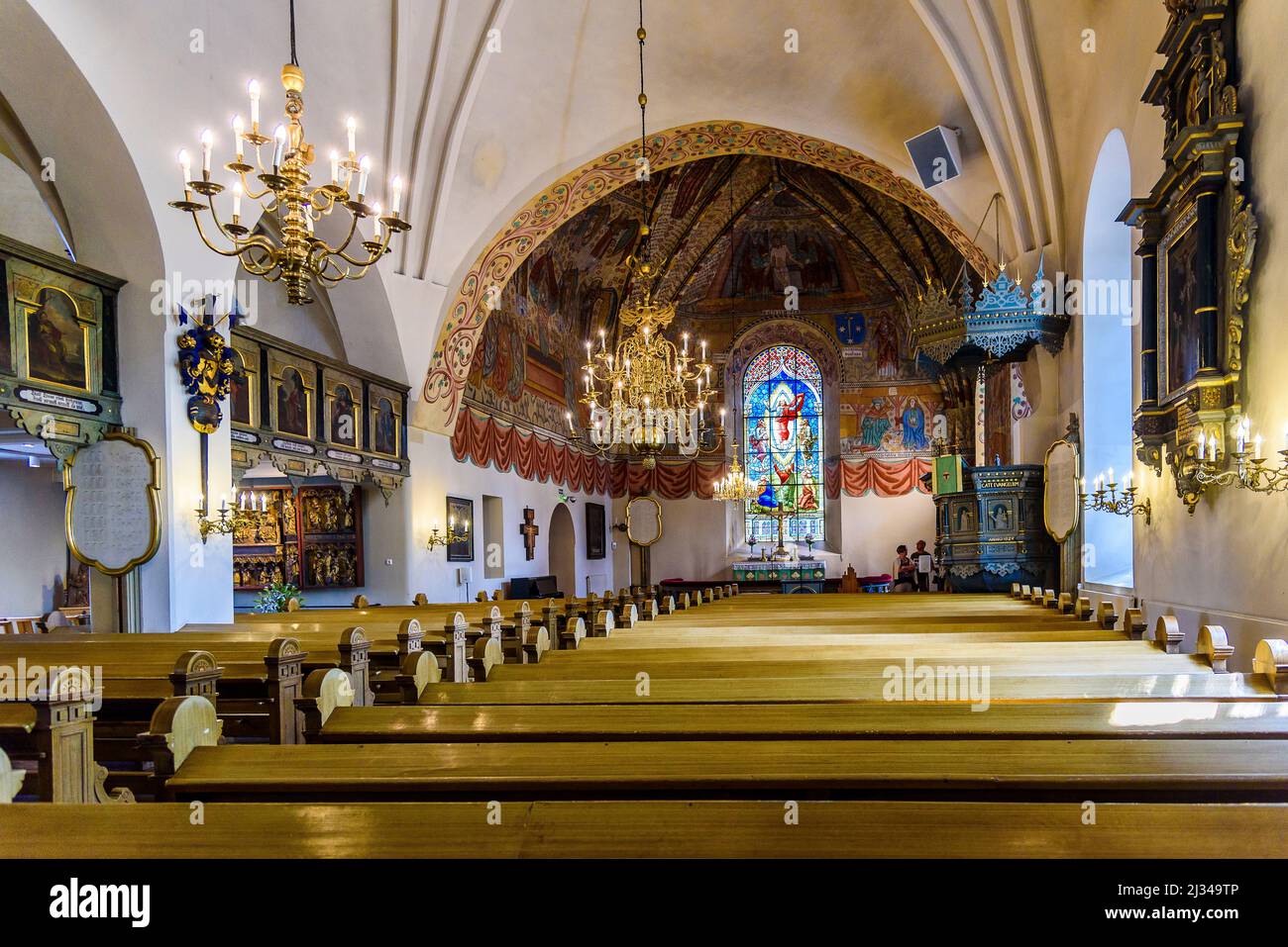 Innenaufnahme in der Holy Cross Church, Rauma, Westküste, Finnland Stockfoto