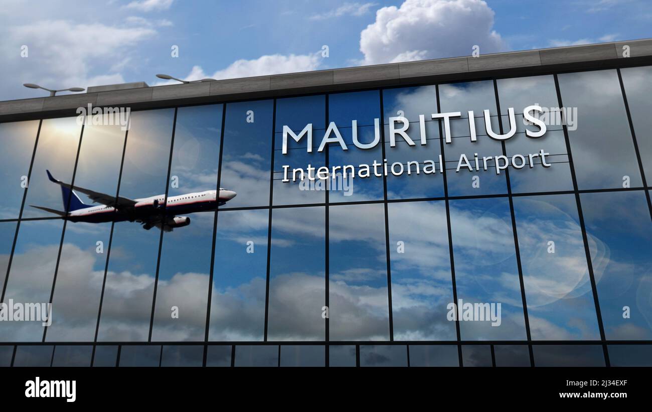 Flugzeuge landen auf Mauritius 3D Rendering Illustration. Ankunft in der Stadt mit dem Flughafen-Terminal aus Glas und Reflexion des Düsenflugzeugs. Reisen, Bus Stockfoto