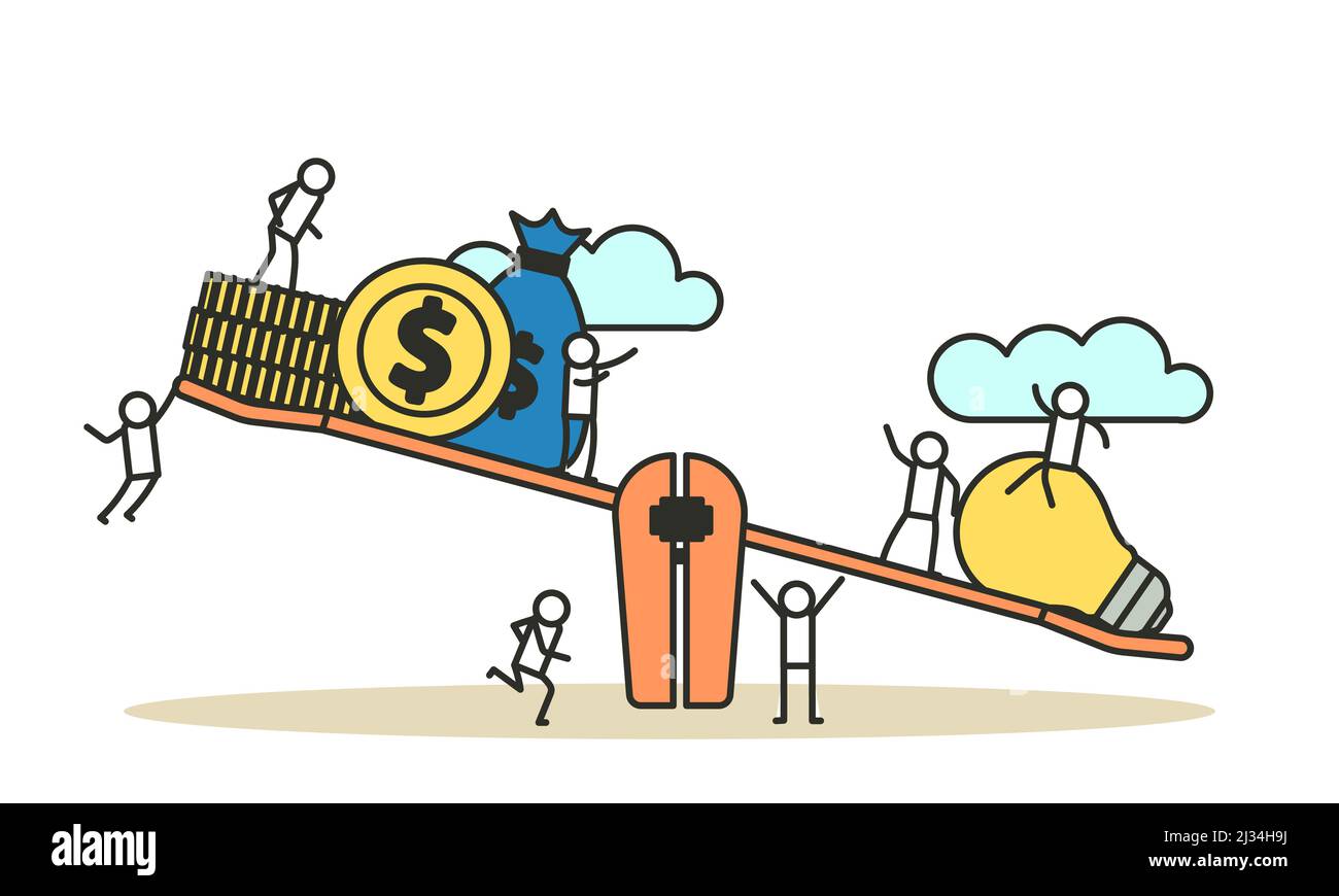Geld Gleichgewicht auf der Skala vergleich Gleichgewicht vector business Abbildung. Idee Glühbirne und gold coin finanzieren. Mann und Frau Konzept Einkommen investieren Stock Vektor