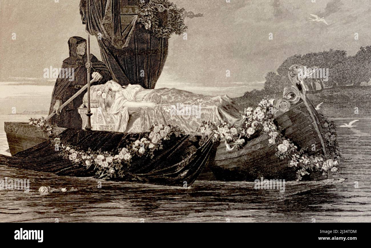 'Elaine.' ein Archivdruck aus der Sammlung George Barrie, The International Gallery; nach einer Passage aus Tennysons Idyllen und dem Gemälde von Toby Rosenthal, gestochen von R. Hinsshelwood. Stockfoto