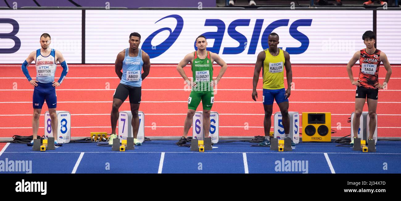 Andrew Robertson, Lalu Muhammad Zohri, Dominik Illovszky, Foday Kallon und Shuhei Tada treten am zweiten Tag des Weltathleten in den 60m-Läufen der Männer an Stockfoto