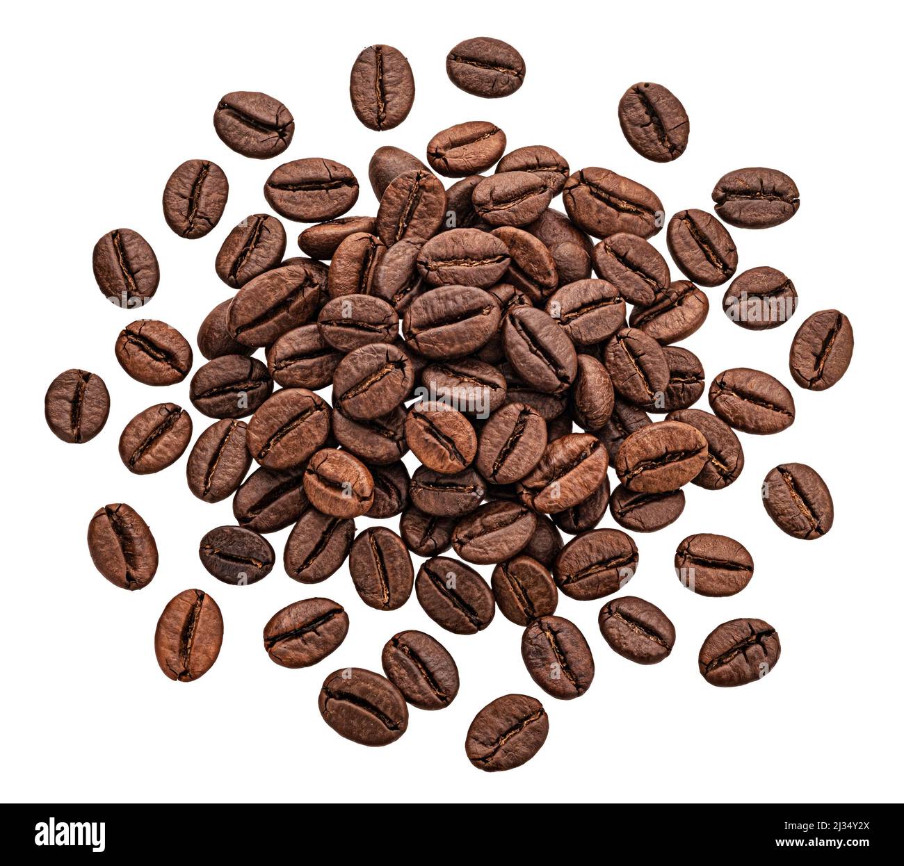 Kaffeebohnen isoliert auf weißem Hintergrund, Draufsicht Stockfoto