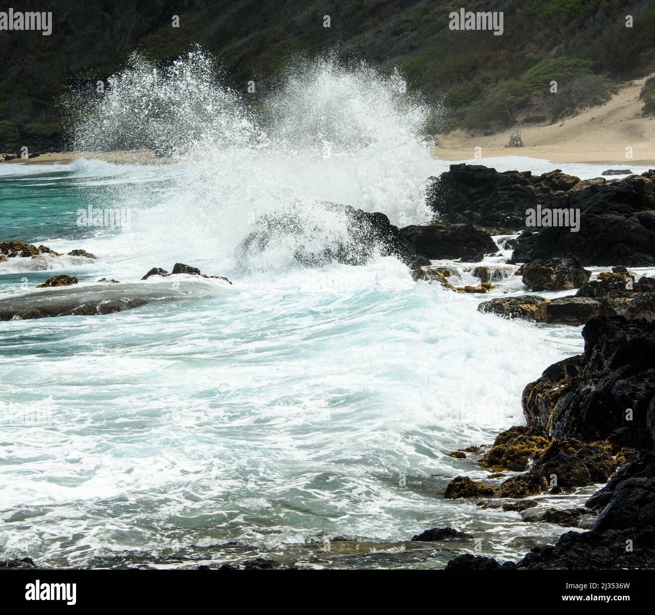 Shorebreak an einem hawaiianischen Strand Stockfoto