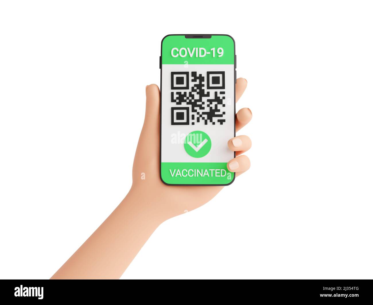 Green COVID Impfpass - qr-Code und Häkchen auf Handy-Bildschirm in menschlicher Hand 3D Render. Stockfoto