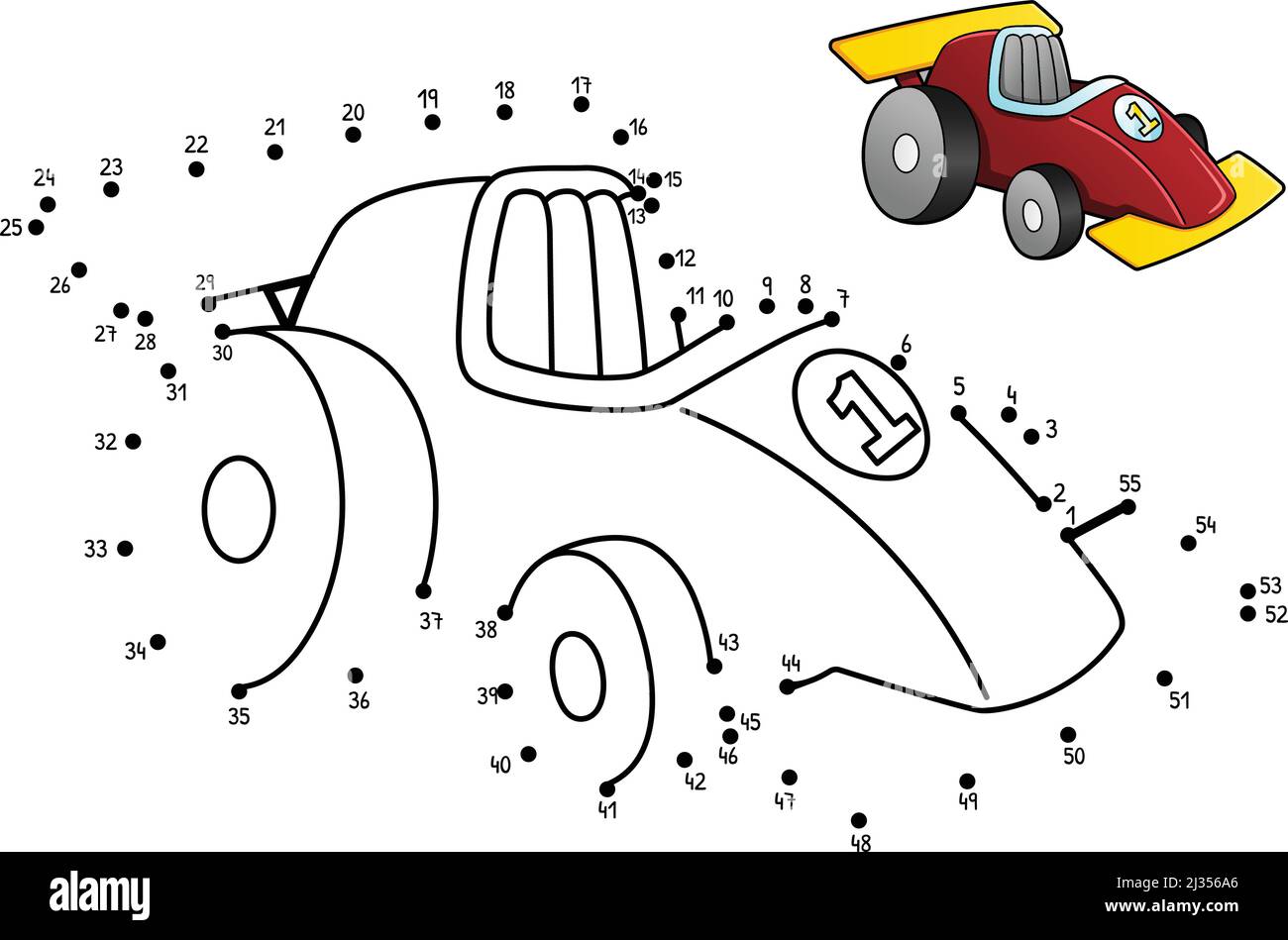 Dot to Dot Race Car Isolated Coloring Page Stock Vektor