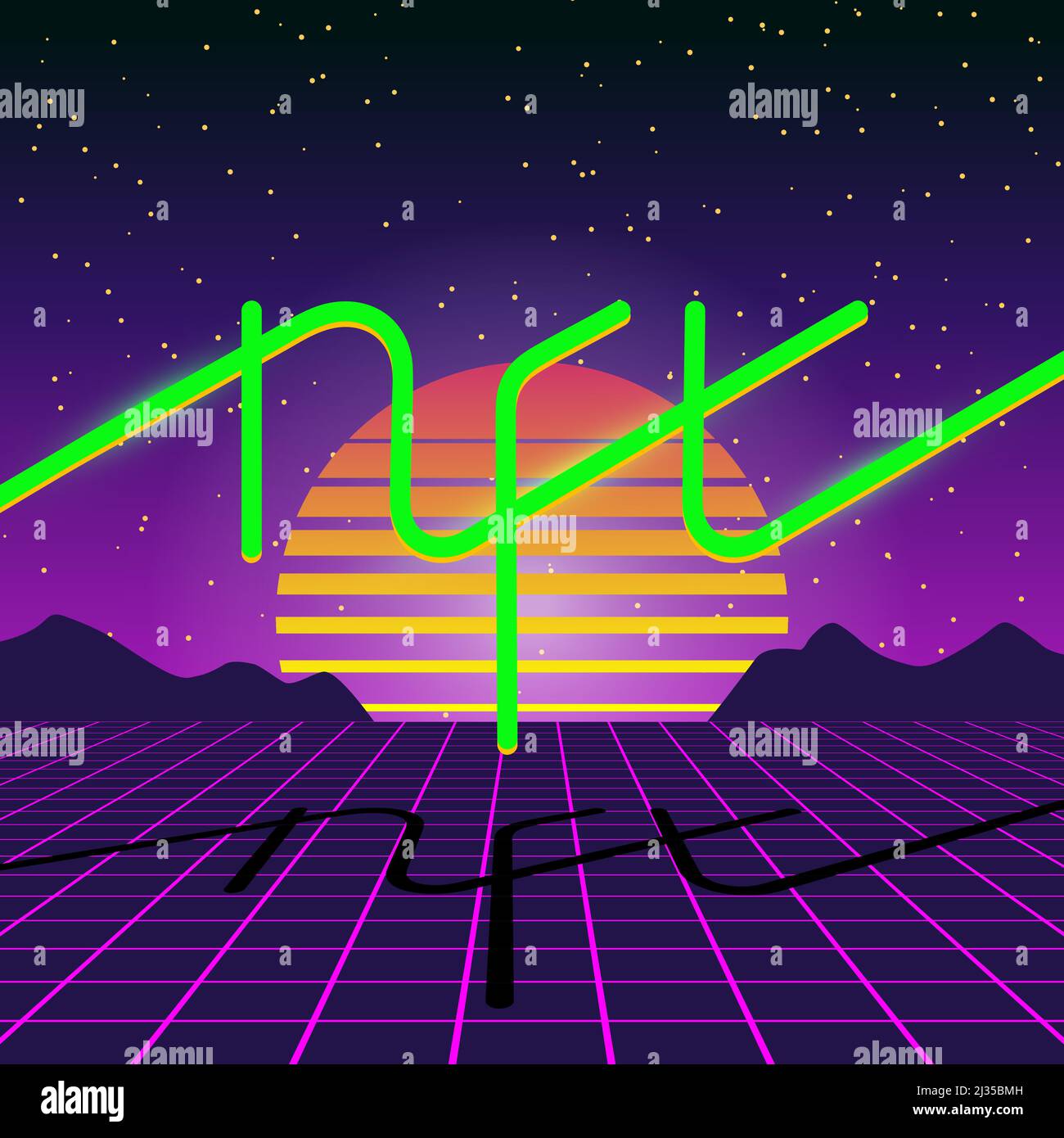 Nicht fungibler NFT-Vaporwave-Token. Exklusives Kunstbanner. Blockchain-Technologie Krypto-Münze. Synthwave-Poster im Vintage-Stil von 80s und 90s. Retro Vapor Wave Cyberpunk Sammlerstücke Vektor eps Illustration Stock Vektor