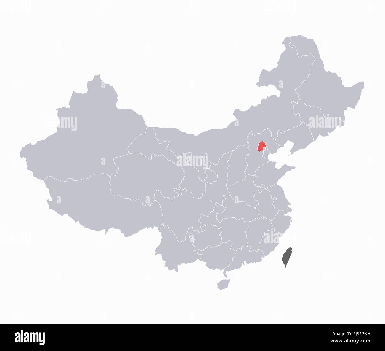 China-Karte, Regionen und Hauptstadt, grau auf weißem Hintergrund, leer Stockfoto