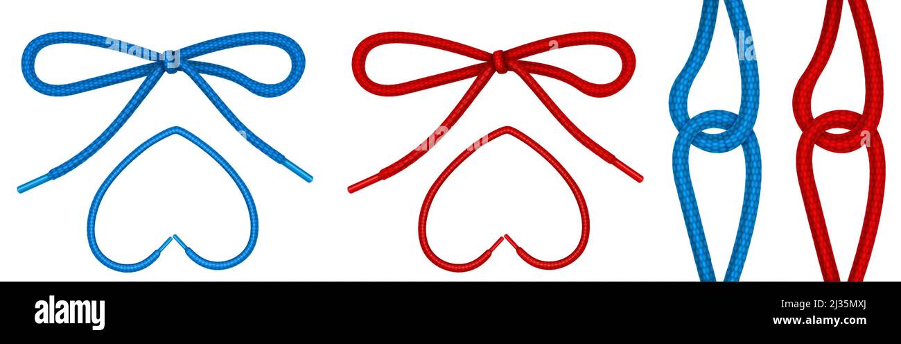 Schnürsenkel in Knoten und Bogen gebunden, Schuhseile in Herzform und Scharnier. Vector realistische Satz von Schuhen oder Kleidung Schnürsenkel, rot und blau Boot Cord isola Stock Vektor