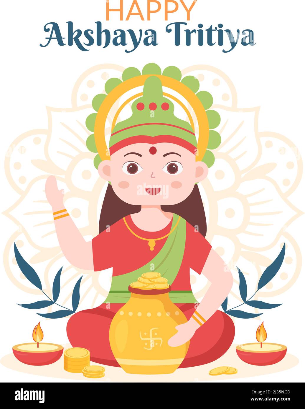 Akshaya Tritiya Festival mit einer goldenen Kalash, Topf und Goldmünzen für Dhanteras Feier mit Maa Lakshmi auf Indian in dekorierter Illustration Stock Vektor