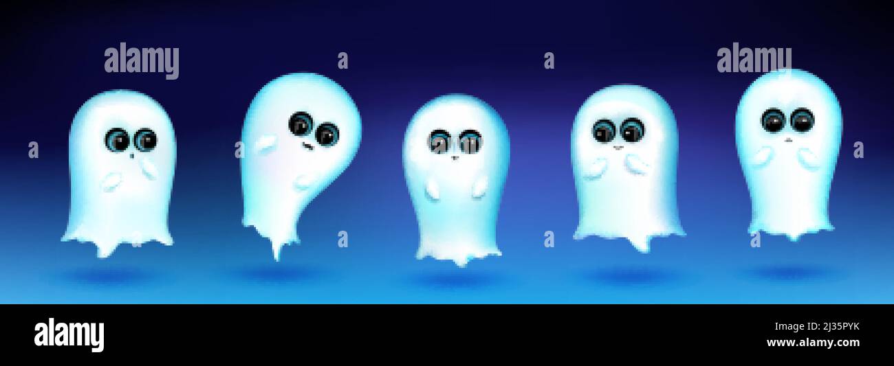 Niedlichen Geist Charakter mit verschiedenen Emotionen auf blauem Hintergrund. Vektor-Set von Cartoon Maskottchen, weißes Phantom lächelnd, Gruß, traurig und überrascht. Cre Stock Vektor