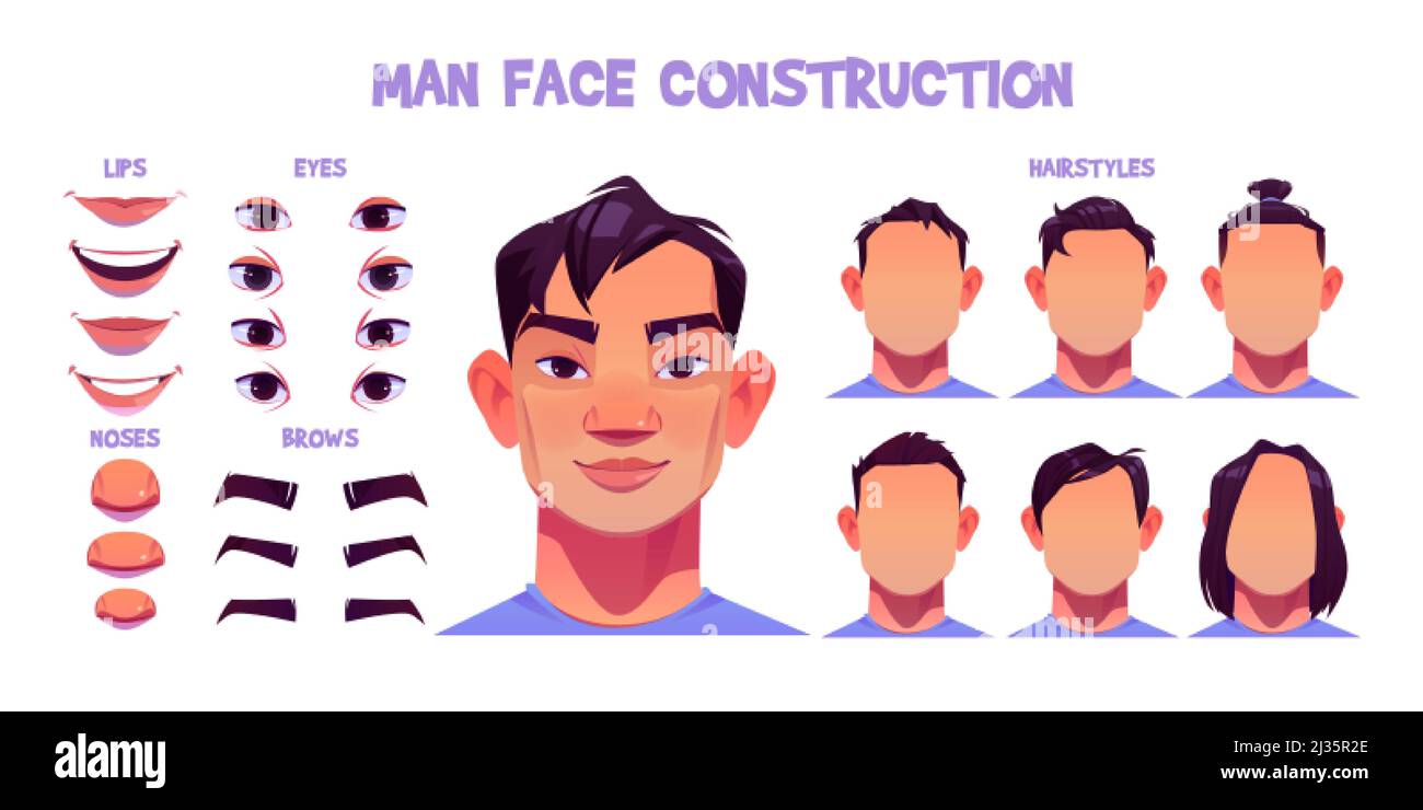 Asiatische Mann Gesicht Konstruktion, Avatar Erstellung mit Kopf Teile isoliert onwhite Hintergrund. Vektor Cartoon Satz von männlichen Charakter Augen, Nasen, Frisuren Stock Vektor