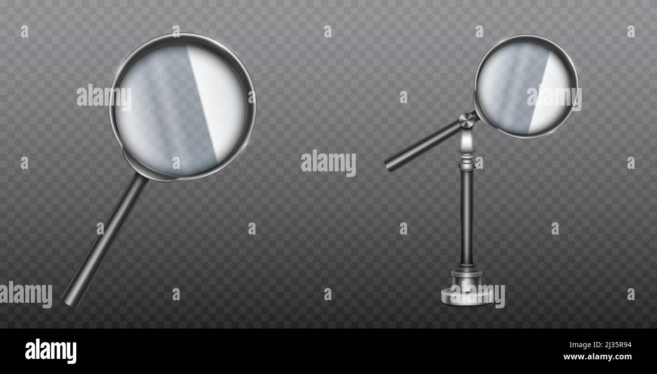 Lupe in Metallrand und Griff oder Halter. Wissenschaft Werkzeug mit Linse, Vergrößerungsinstrument Optische Vorrichtung für Forschung, Exploration. Realistisch 3D Stock Vektor
