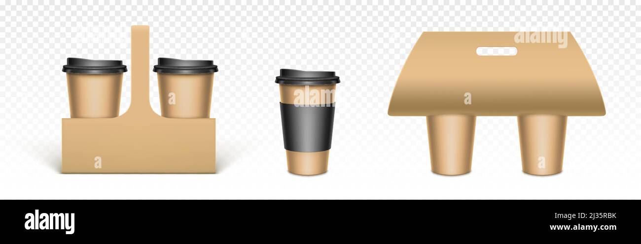 Kaffeetassen in Kraftpapier-Halter. Kartonverpackung für heiße Getränke zum Mitnehmen. Vektor realistische Mockup von blanken braunen Trägern für Einweg-Tee c Stock Vektor
