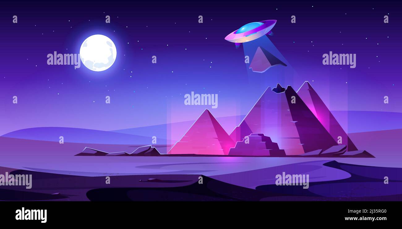 UFO stehlen Ägypten Pyramiden oben in der Nacht Wüste, Alien Untertasse ziehen Stück ägyptischen pharao Grab in Lichtstrahl. Außerirdische Invasion bei alten fam Stock Vektor