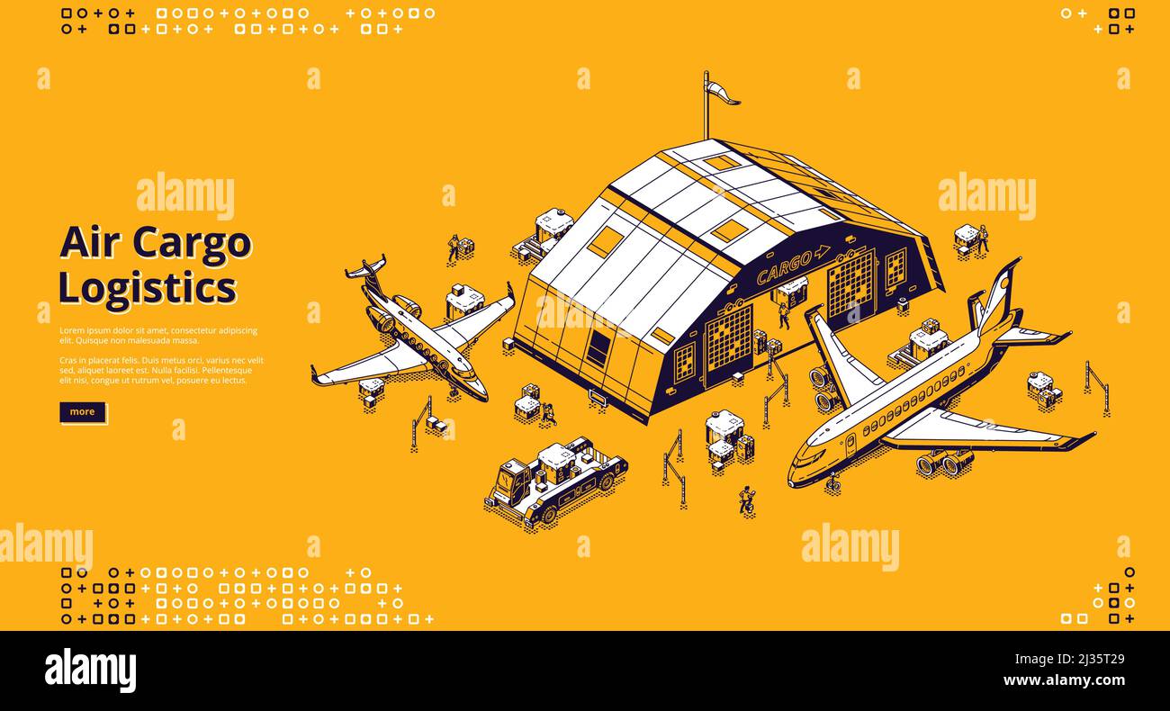 Banner für Luftfrachtlogistik. Luftfracht, Verteilung, Lagerung und globale Güterschifffahrt Industrie. Vektor Landing Page mit isometrischer Darstellung von Stock Vektor