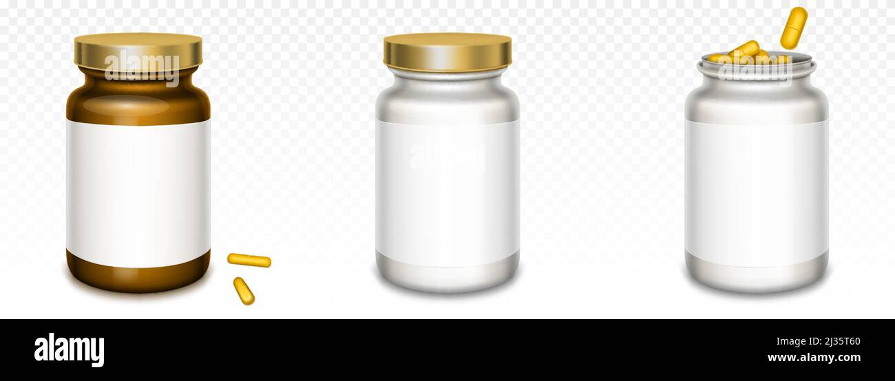 Medikamentenflaschen mit goldenen Deckeln und gelben Pillen isoliert auf transparentem Hintergrund. Vektor realistische 3D Mockup von braunen und weißen Behältern mit b Stock Vektor