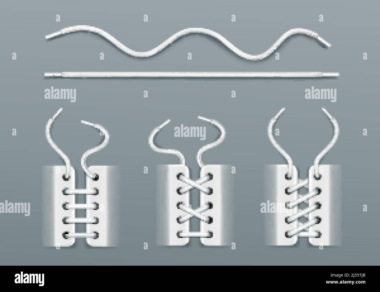 Weiße Schnürsenkel, Schnürung durch Seile in Sneakers auf unterschiedliche Weise. Vector realistische Satz von welligen und geraden Schuhschnüre, Stiefel oder Schuhe mit Schnüre iso Stock Vektor