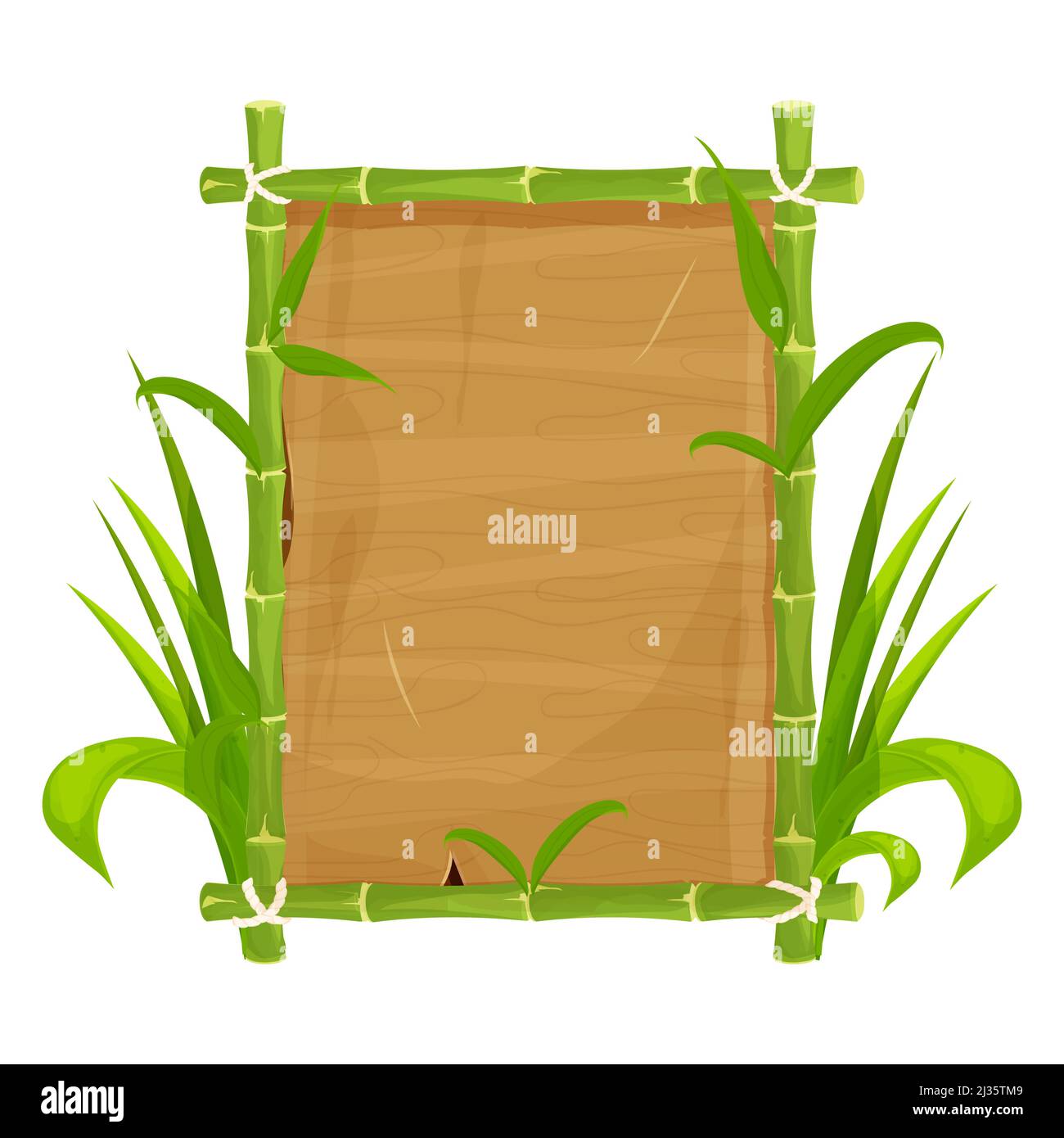 Grner Bambusrahmen mit Blttern, leere Holzdiele, Schild im Cartoon-Stil  isoliert auf weiem Hintergrund. Asiatische Tribal Dekoration, exotische  Element ui-Spiel Asset. Vektorgrafik Stock-Vektorgrafik - Alamy