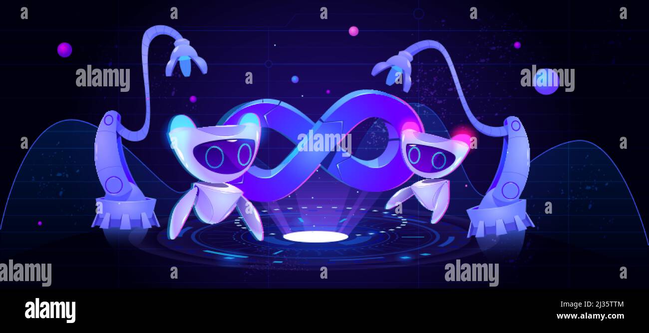 Künstliche Intelligenz Roboter und Cyborg Arme bei hud neon leuchtenden technologischen Hintergrund mit Infinity-Symbol. Futuristisches ai-Konzept, devops, Roboter Stock Vektor