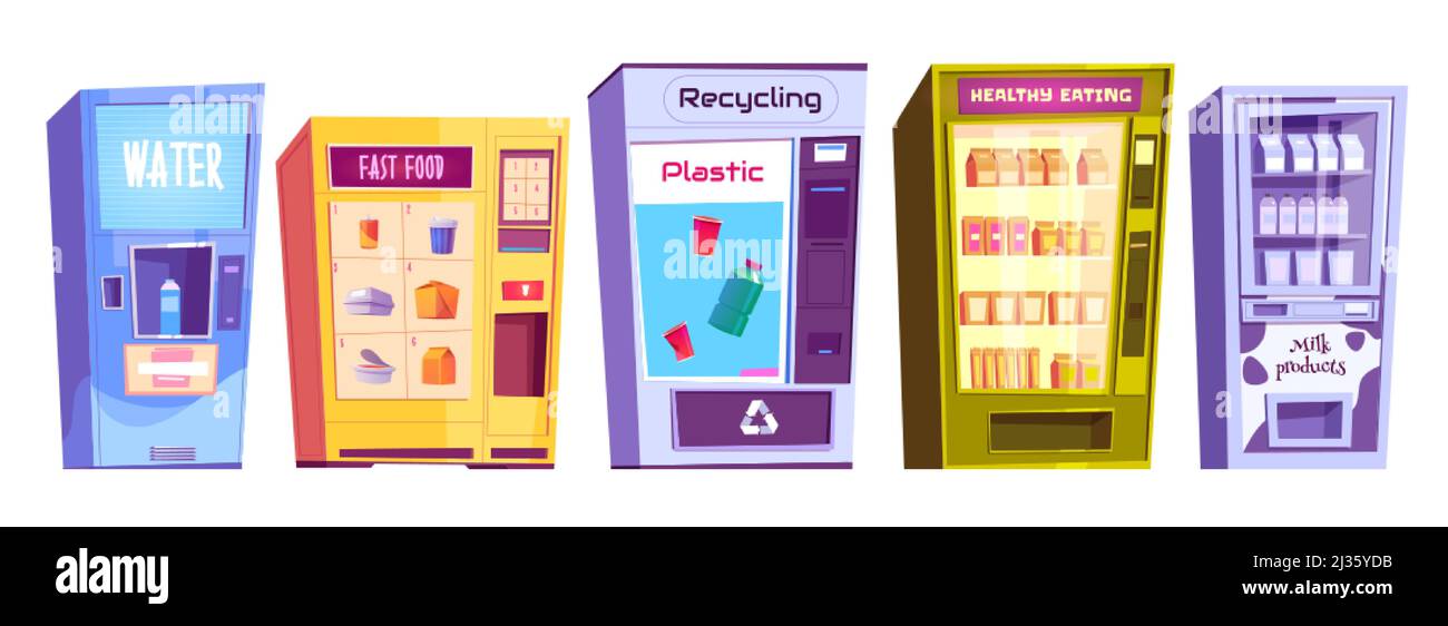 Verkaufsautomaten für das Recycling von Kunststoff, Wasser, Fastfood-Snacks, Milchprodukten und gesunde Ernährung Einzelhandel. Lieferantenservice, automatisches Geschäftskonzept. C Stock Vektor