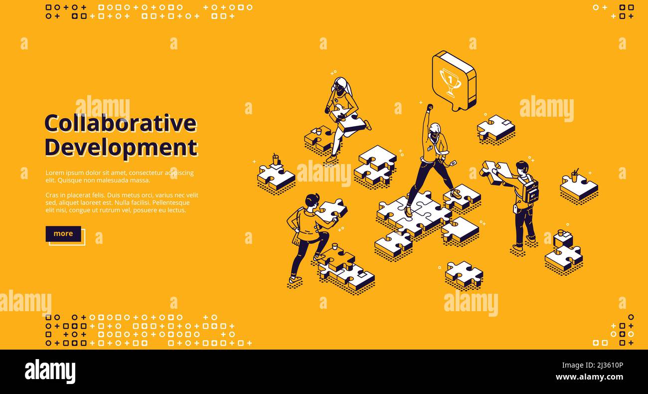 Isometrische Landing Page zur gemeinsamen Entwicklung. Business People Team, das getrennte Puzzleteile zusammenstellt, Anführer mit erhobener Hand. Zusammenarbeit, Teil Stock Vektor