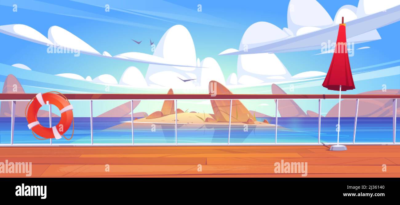 Blick auf das Meer vom Kreuzfahrtschiff Deck. Ozeanlandschaft mit Insel, Felsen im Wasser und Möwen. Vektor-Cartoon-Illustration von hölzernen Bootsdeck oder Kai Stock Vektor