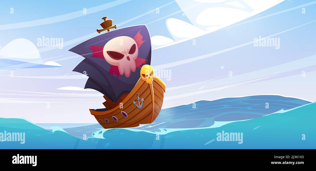 Piratenschiff mit schwarzen Segeln und fröhlichem roger, das auf Meereswellen schwimmt. Legende der Meere Cartoon-Spiel Szene oder Buchbild mit Filibusters Schlachtschiff mit Schädel auf Stamm, Vektor-Illustration Stock Vektor