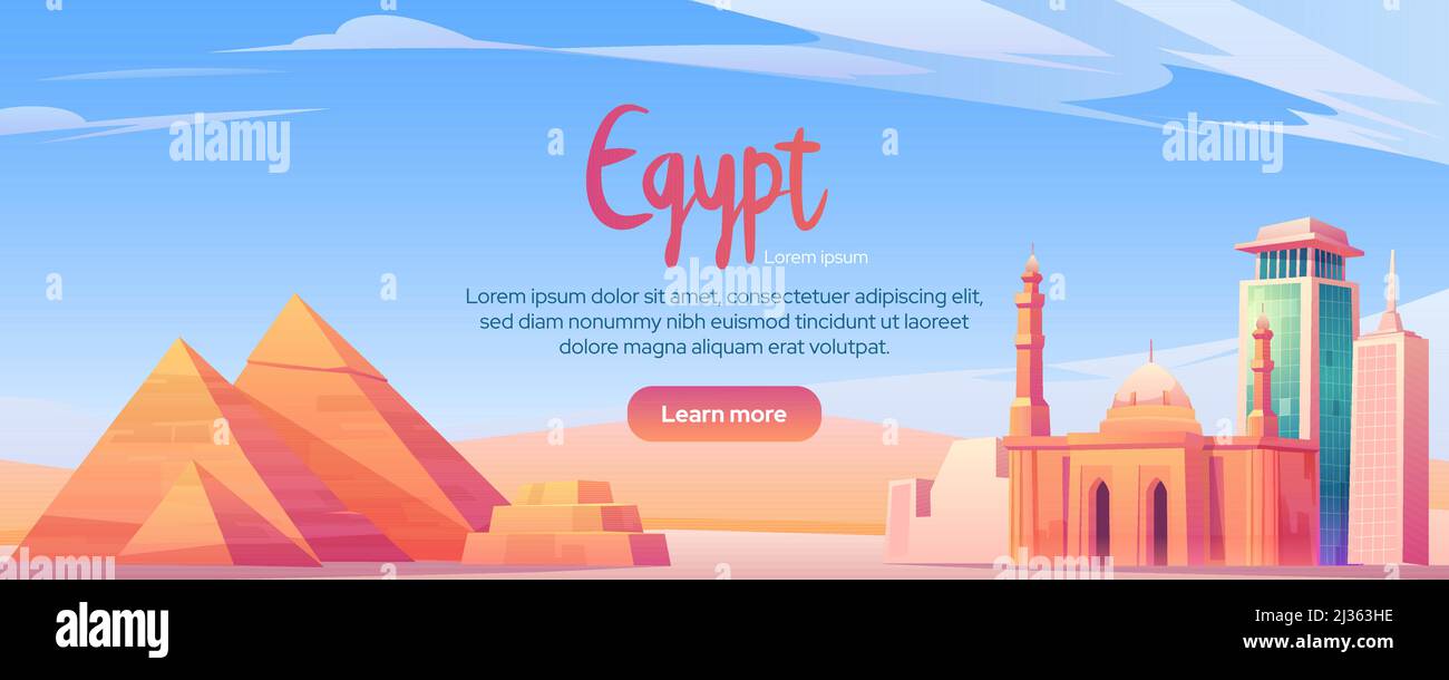 Ägypten Wahrzeichen Cartoon Banner, Kairo Stadt weltberühmte Pyramiden, Turm, Moschee in der Wüste. Touristische Architektur Gebäude alte und moderne Historica Stock Vektor