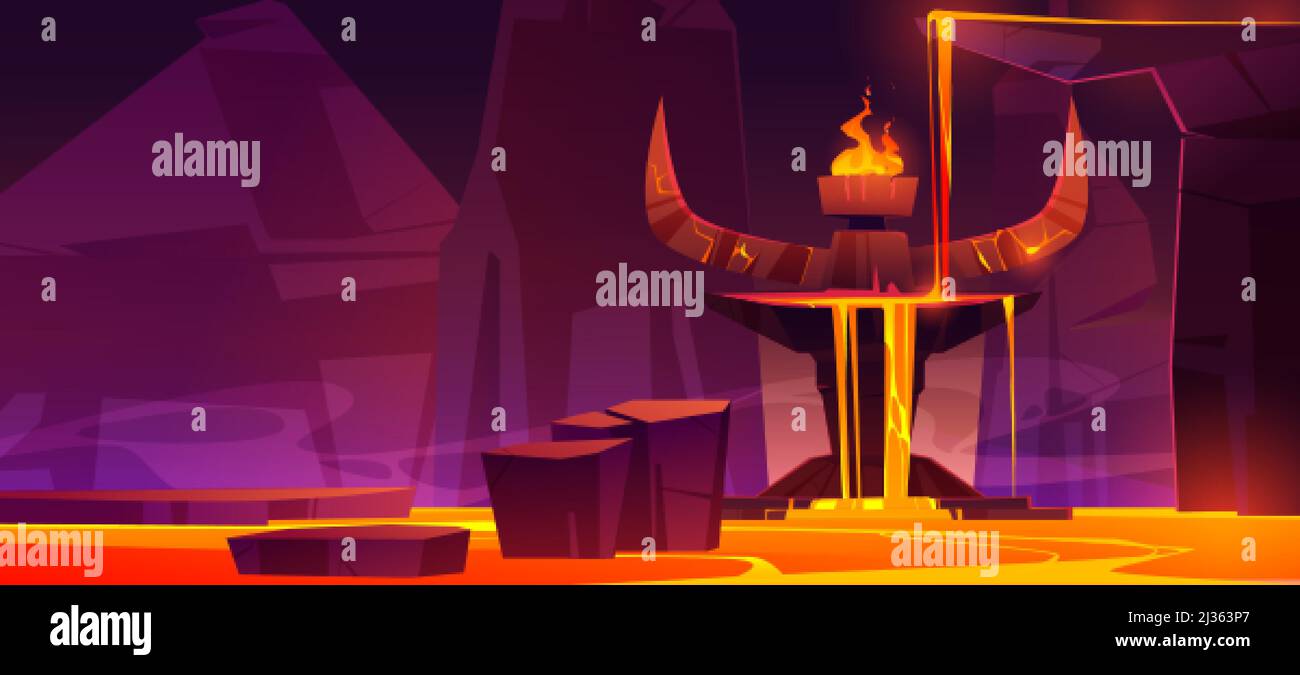 Straße zur Hölle, höllische heiße Höhle mit Lavastrom vom Altar mit riesigen Teufelshörnern und brennendem Feuer auf der Oberseite, Felsen Pfad in flüssigem Magma gehen zu bla Stock Vektor