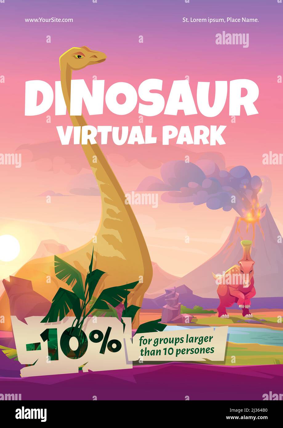 Dinosaurier virtuellen Park Flyer. VR-Technologien, Augmented Reality mit uralten Reptilien. Vektor-Poster mit Cartoon-Landschaft der jurassic Ära mit Dino Stock Vektor