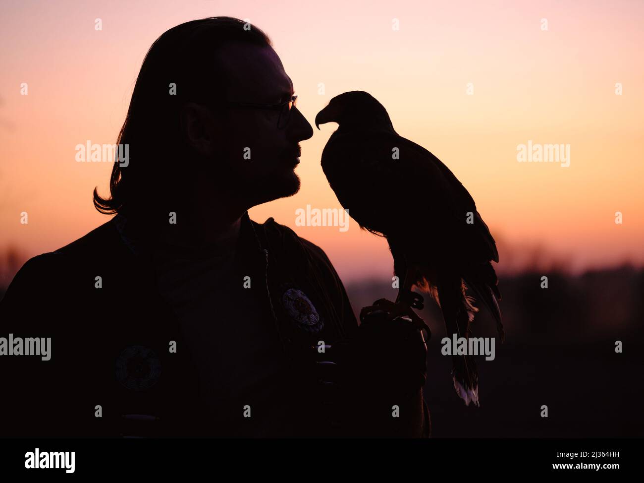 Silhouette von Mensch und wildem Vogel über dem Sonnenuntergang Blick auf einander Bussard oder Adler Symbol der Macht, Sieg, Mut, Größe und spirituelle Stockfoto