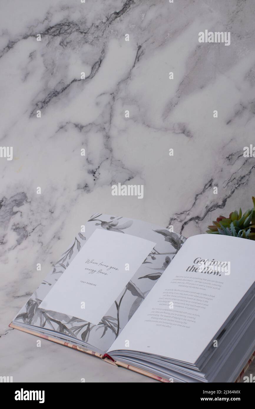 Es handelt sich um Bilder im Self-Care-Stil, bei denen ein Self-Care-Journal als Referenz verwendet wird. Stockfoto
