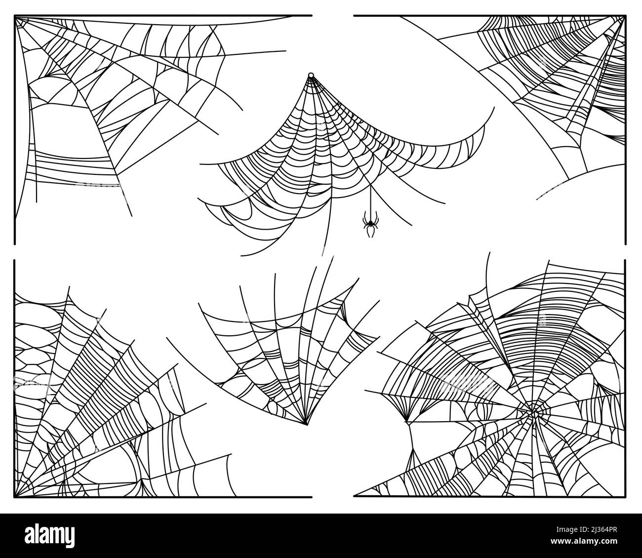 Spinnennetz-Teile auf weißem Hintergrund isoliert. Beängstigende Einrichtung mit Spinnweben. Vektor Design Elemente für Halloween, Horror, Geist oder Monster Party, Einladung und Poster. Stock Vektor