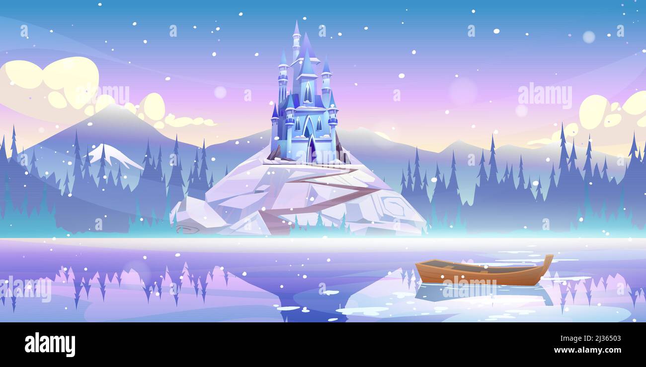 Magische Burg auf der Bergspitze am Flusspier mit Boot, das am Wintertag mit fallendem Schnee auf dem Wasser schwimmt. Märchenhafter Palast in wunderschöner Landschaft, Fanta Stock Vektor